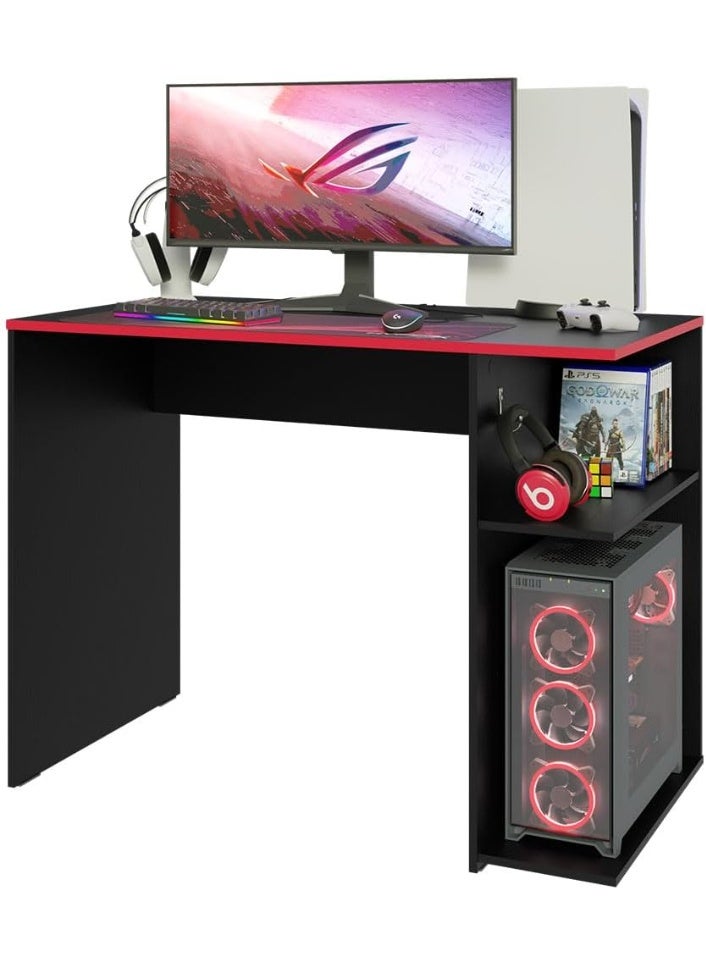 Madesa Compact Gaming Computer Desk with 2 Shelves, Cable Management and Large Monitor Stand, Wood, 21.25" D x 39.37" W x 29.52" H - Black/Red - Image 3